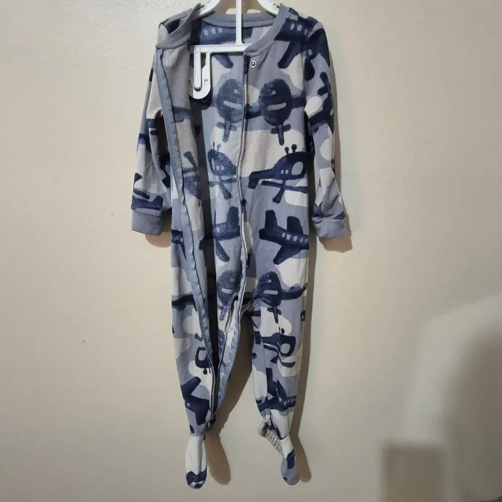 Carter's Toddler Boy Fleece Footed Pajamas 2T Blue Camo Airplane Helicopter